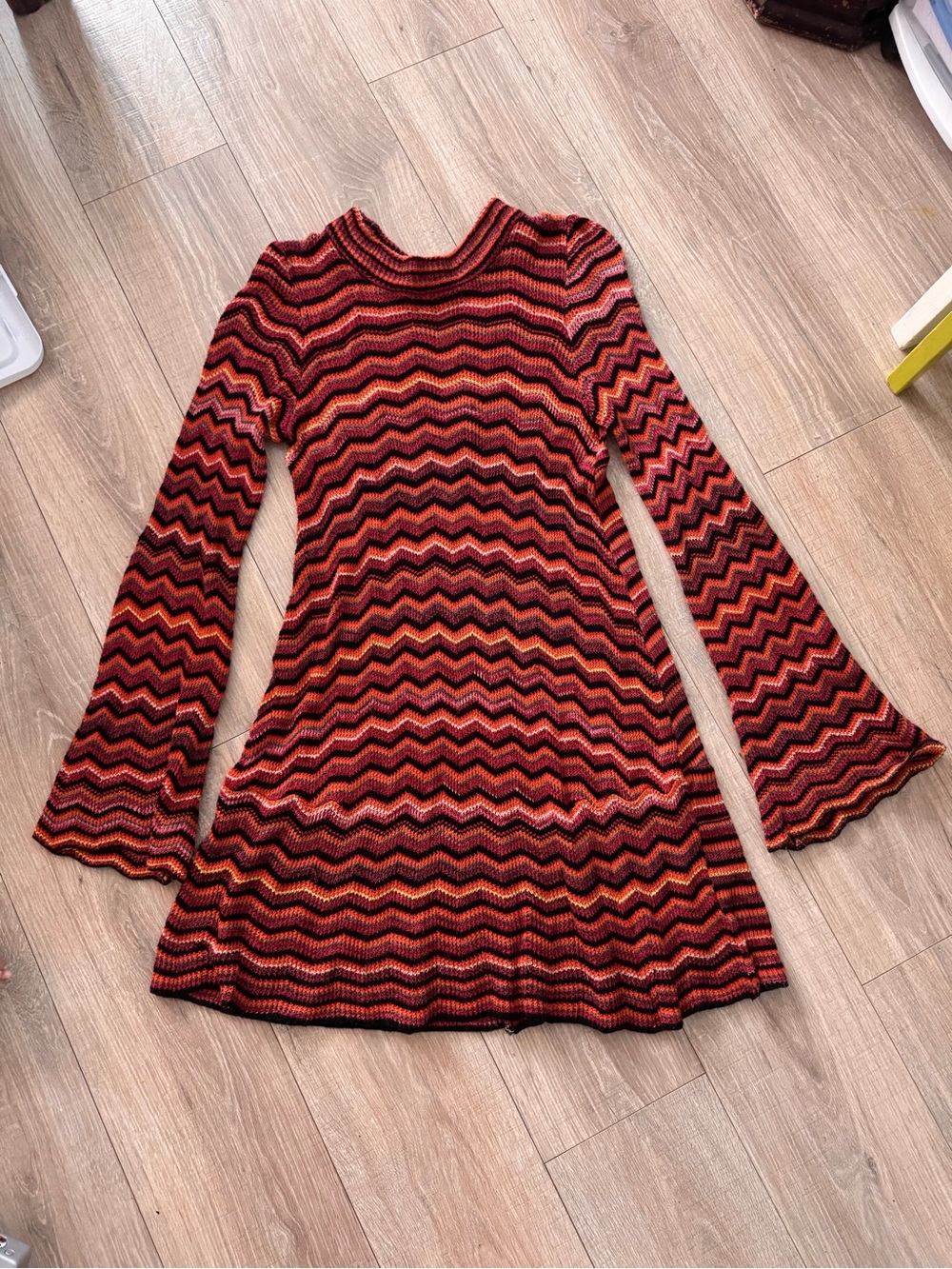 Free People Zigzag Knit Long Sleeve Mini Dress in Red and Black